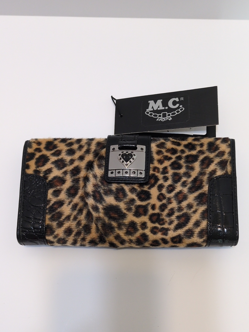 M.C. Leopard Print Faux Fur Leather Trim Heart Buckle Continental Wallet NWT